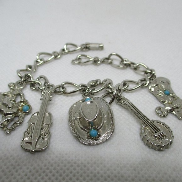WESTERN CHARM BRACELETS Southwestern Silver Tone Charm Bracelet Turquoise Caboch - Picture 7 of 12